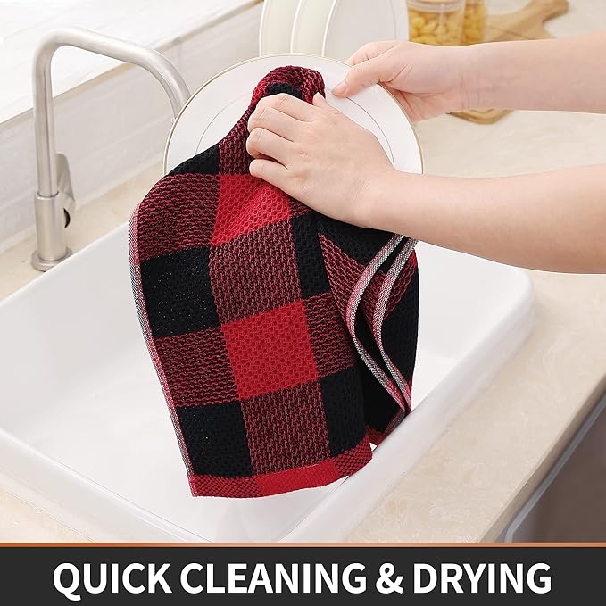 Homaxy 100% Cotton Waffle Weave Check Plaid Kitchen Towels, 13 x 28 Inches