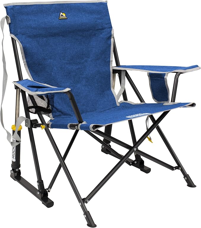 GCI Outdoor Kickback Rocker Camping Chair | Portable Folding Rocking Chair with Durable Armrests, Drink Holder & Relaxed Lowered Seat for Comfort — Heathered Royal