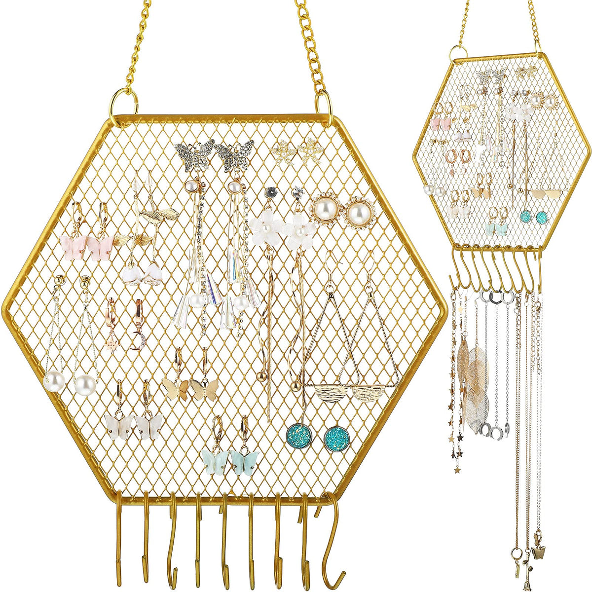 Jetec 2 Pcs Earring Wall Holder Wall Mounted Earring Organizer Hanging Jewelry Stand Decorative Diamond Grid Shape Display Rack with Hooks for Earrings Necklace Bracelet(Gold)
