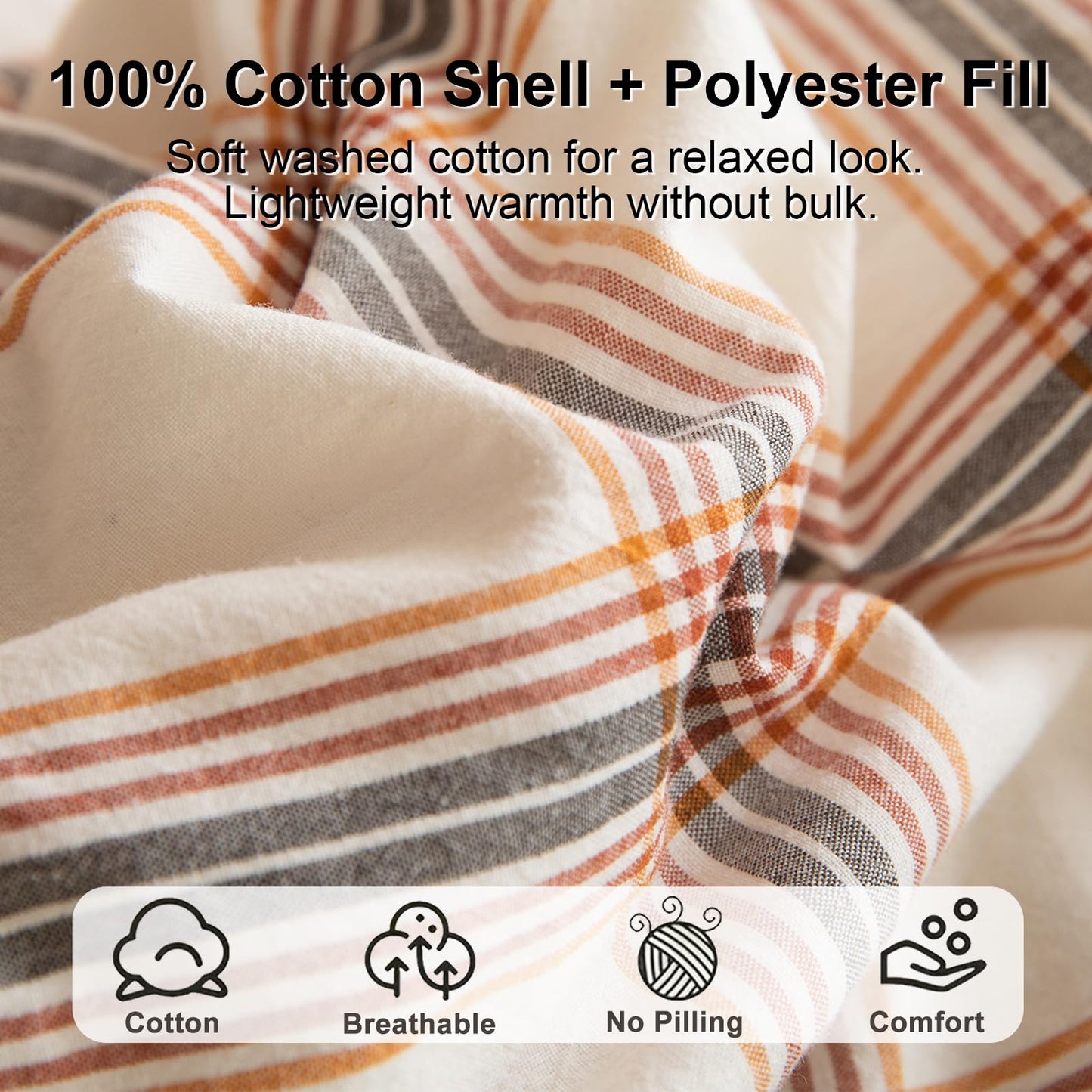 LLanCL Cotton Plaid Comforter Set Queen Size,100% Cotton Cover with Polyester Fill,Ultra Soft,Breathable,Lightweight Bedding for All Seasons,1 Comforter 90"x90" & 2 Pillow Shams 20"x26"(Beige)