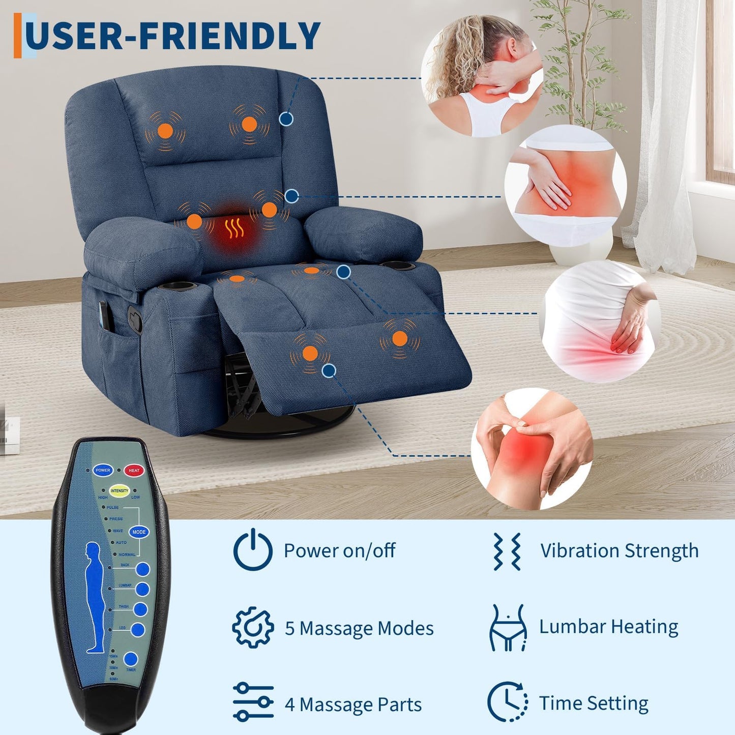 Oversized Wide Recliner Chair with Vibration Massage and Heat, 360° Swivel Recliner Glider for Adults,Chenille Fabric Manual Reclining Single Sofa with Cup Holders & Side Pockets for Living Room,Blue