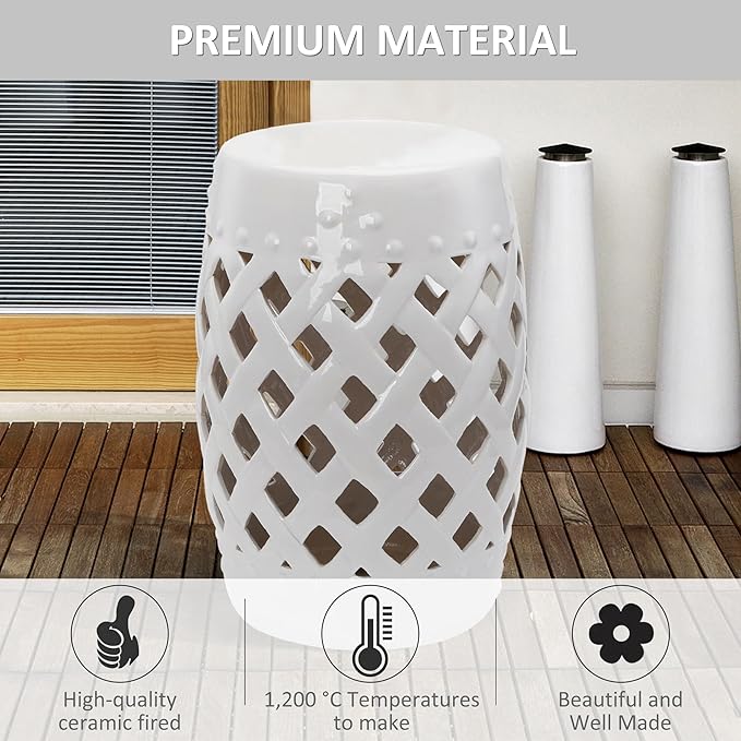Outsunny 13" x 18" Ceramic Garden Stool with Woven Lattice Design & Glazed Strong Materials Decorative Outdoor Stool, White