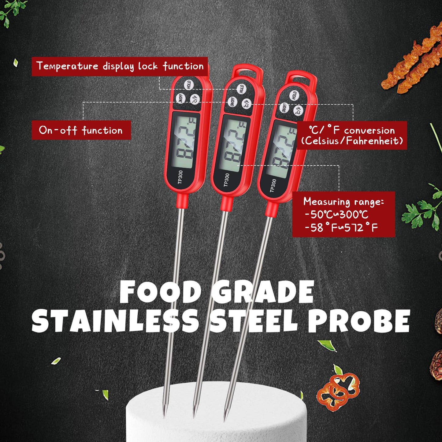 6 Pcs Instant Read Meat Thermometer with Long Probe 9.65 Inch Kitchen Cooking Food Candy Waterproof Digital Thermometer for BBQ Water Milk Yogurt Liquid (Round&Square Ring,Black,White,Red)