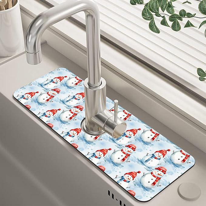 Christmas Snowman with Hat Kitchen Sink Splash Guard Mat Absorbent Fast Drying