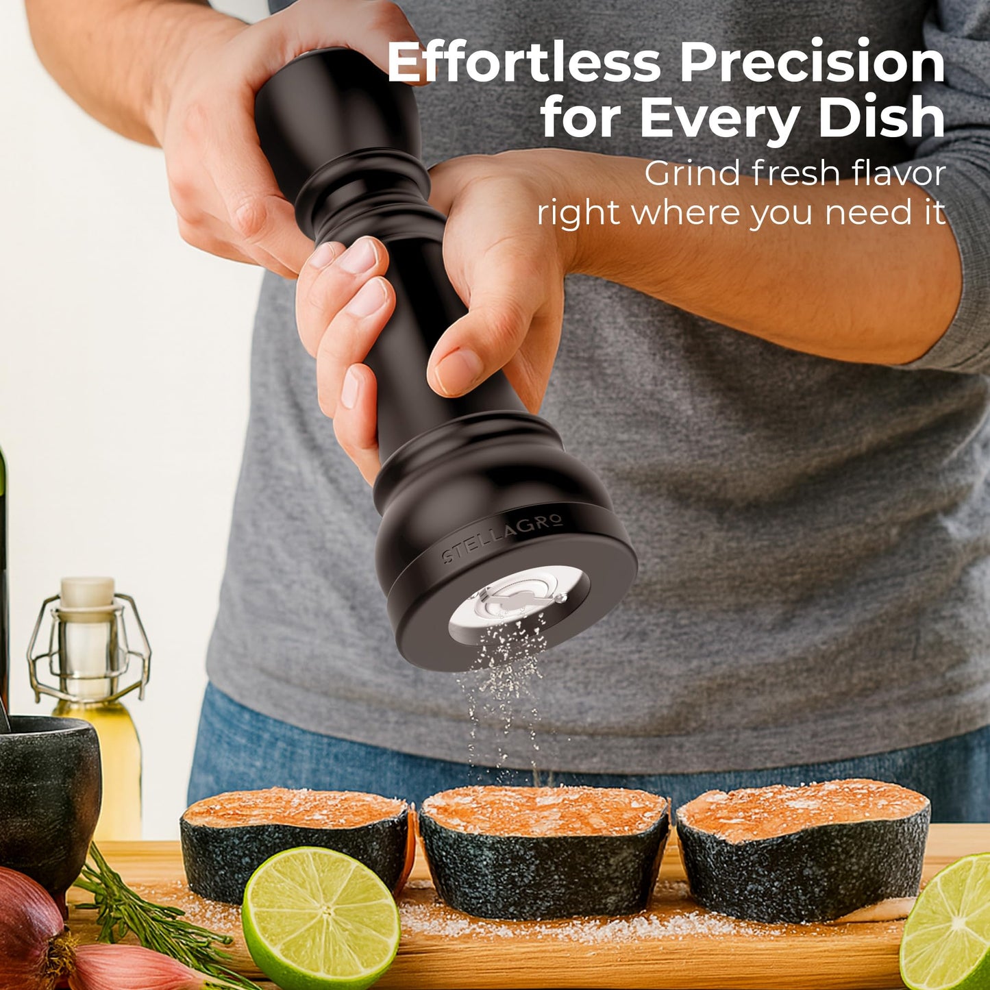Wooden Salt and Pepper Grinder Set – Chess-Inspired Rubberwood Salt Grinder and Pepper Mill Shakers Set with Ceramic Burr in Gift Box