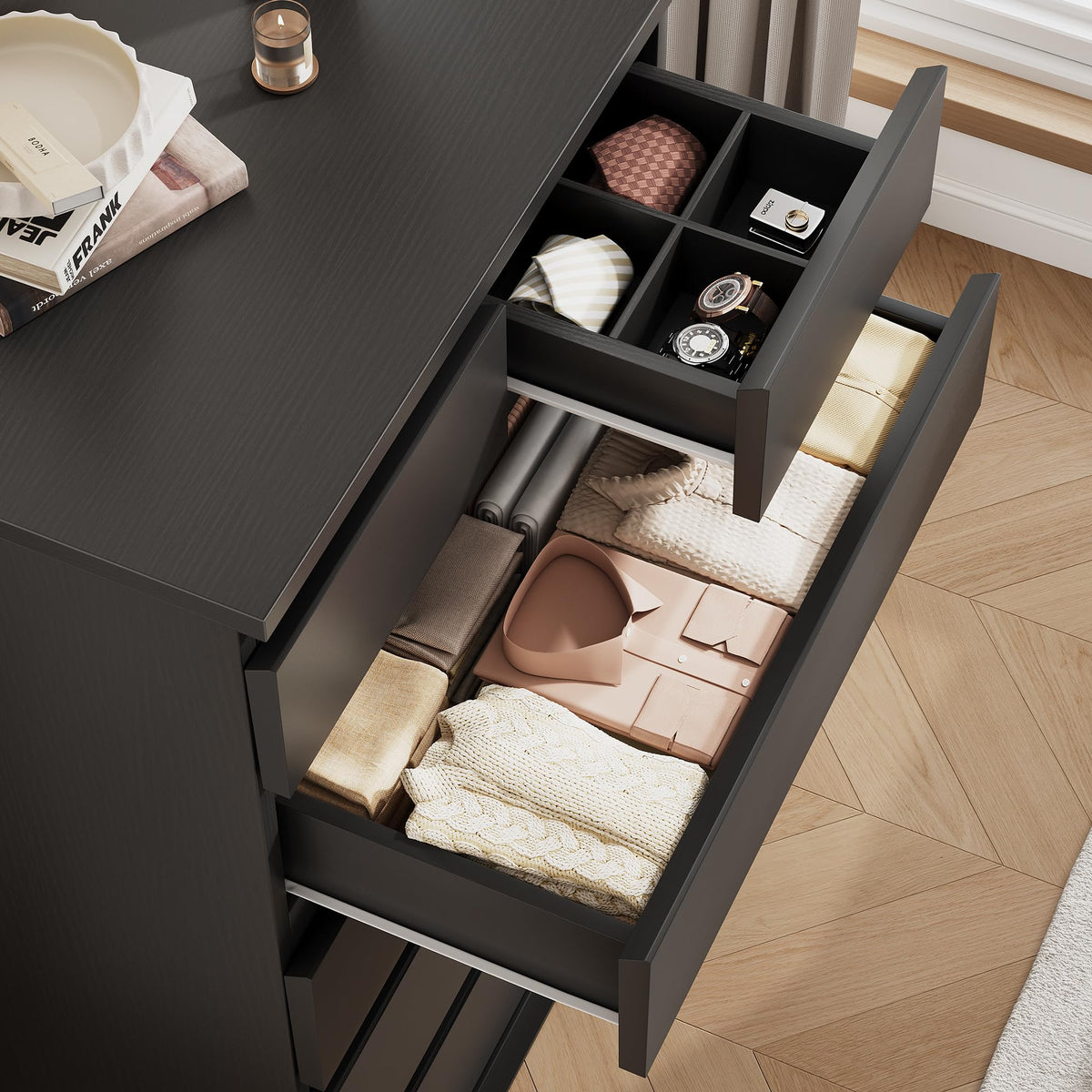 Jocoevol Black Tall 6 Drawer Dresser for Bedroom,Dressers & Chests of Drawers with Jewelry Storage,Wood Storage Dresser with Deep Drawers for Living Room Hallway Entryway(40.75" L*23.62" W*15.75")