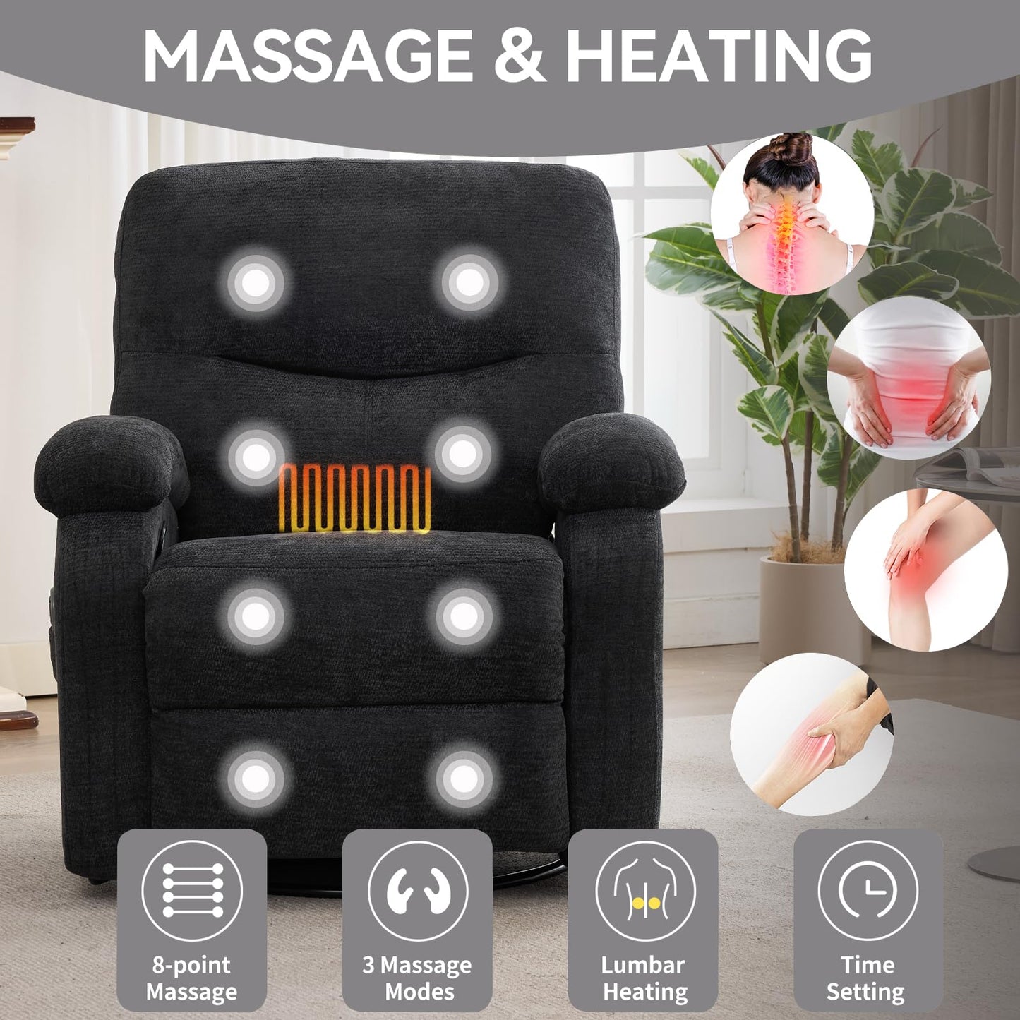 KEIKI Manual Hot Massage Recliner Chair with 360° Swivel and Rocking, 8-Point Vibration Massage & Lumbar Heat, Chenille Elderly Lazy Boy Sofa with Cup Holder for Living Room, Black