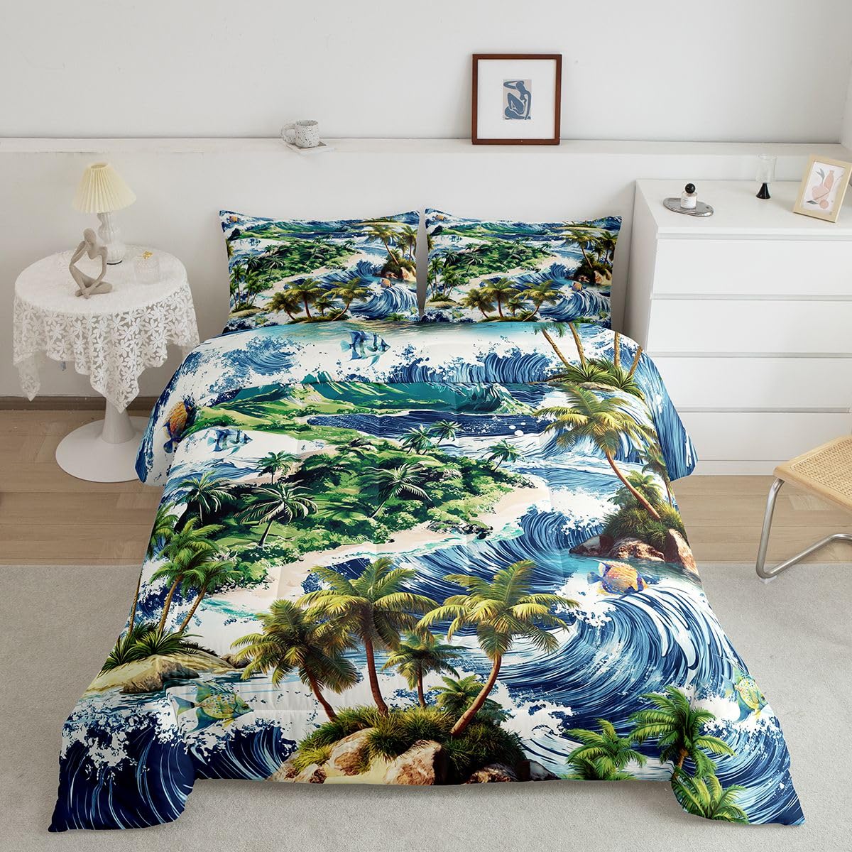 Coconut Tree Comforter Set Queen Size,Tropical Plant Seawave Bed in a Bag 3Pcs for Kids Teens Woman Room Decor,Hawaii Ocean Beach Theme Quilted Duvet,Blue and Green Down Comforter,2 Pillowcases