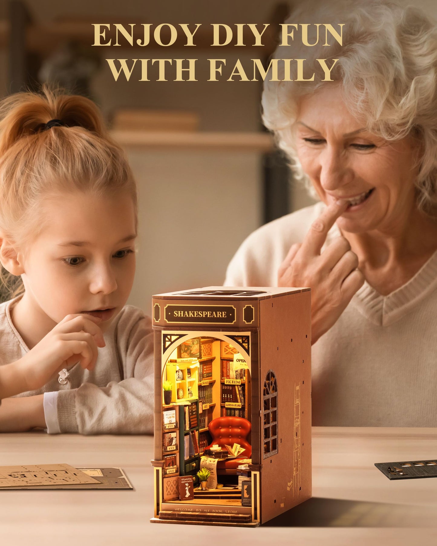 Rolife Book Nook Kits for Adults Shakespeare Bookstore DIY Miniature Kit with LED Light for Desk Library Bookshelf Decoration 3D Wooden Puzzle Booknook Model Kits for Adults to Build (TGB07)