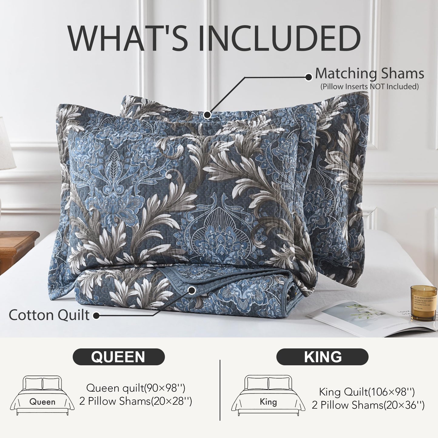 BCOTTOND King Size Quilt Set - Blue Gray and White Quilt Set King, 100% Cotton Floral Bedspread Set 3 Piece, Traditional Elegant Lightweight Comforter, Reversible Quilt Bedding Set for All Season