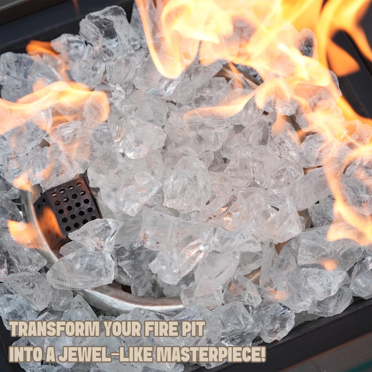 Mr. Fireglass Crushed Fire Glass for Natural or Propane Fire Pit, 10 Pounds Decorative Recycled Fireplace Glass Rocks for Fire Pit Fireplace and Landscaping, High Luster Crystal Ice