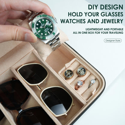 SYENS 4 Slot Sunglasses Travel Case, Real Leather Eyeglasses Storage Box, DIY Organizer Glasses/Jewelry/Watch Display Case for Women Men (4 slot_Black Leather)