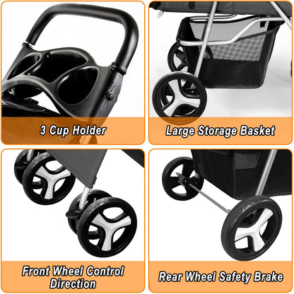 Display4top Pet Travel Stroller Dog Cat Pushchair Pram Jogger Buggy with 4 Wheels (Black)
