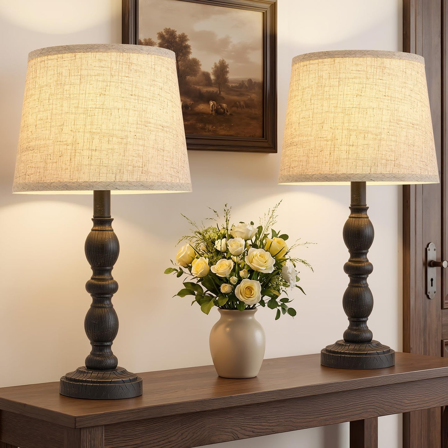 GyroVu Table Lamps Set of 2 for Bedroom, 20.5" Rustic Farmhouse Bedside Lamps with Linen Shade, Vintage Nightstand Lamps for Living Room, End Table Office, Desk(Black)