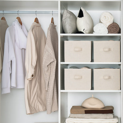 StorageWorks Shelf Storage Boxes, Large Storage Baskets for Shelves, Rectangular Closet Organisers with Handles, Foldable Closet Storage Baskets for Utility Room, Beige Stripes, 3-Pack
