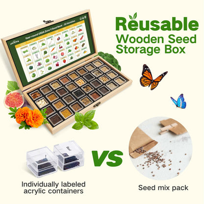 Lush&Dew Year-Round USDA Zone 9 Seed Bank, Gardening Gifts for Women Men, 32 Varieties Non-GMO Heirloom Seeds of Vegetables Herbs Fruits, Gift for Mom Dad, Survival Seed Kit for Raised Garden Beds