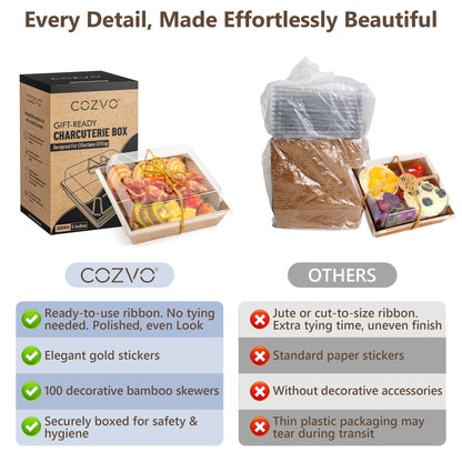 Gift-Ready Charcuterie Boxes with Clear Lids, Cake Slice Container, Bakery packaging, Food Gift Containers, Small Treat, 5"Dessert Boxes with Ready to use Ribbon and Bamboo Skewers-50 Count-BROWN
