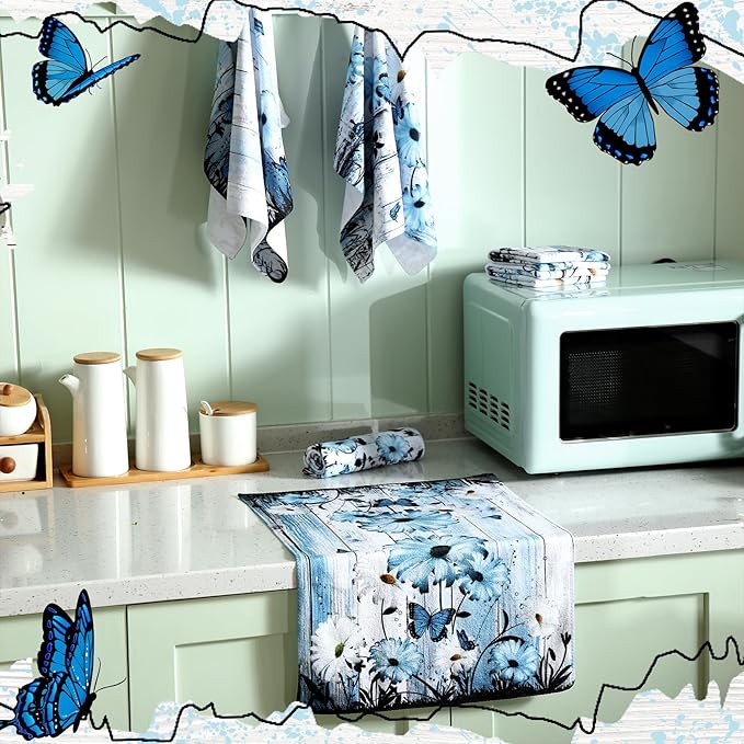 Breling Set of 6 Blue Daisy Kitchen Towel Vintage Themed Dish Towel Bathroom