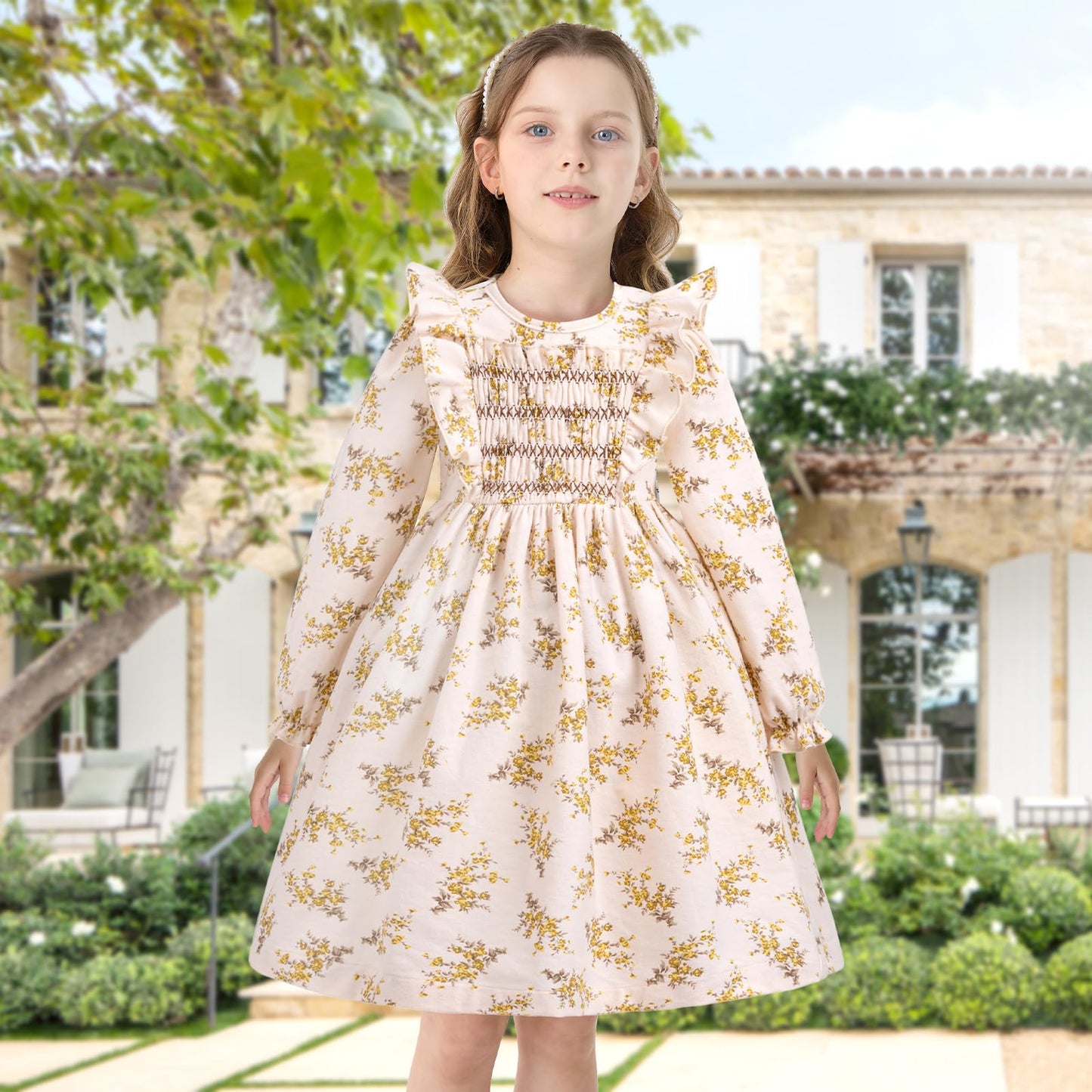 KOGWER Toddler Girl Clothes 4T Long Sleeve Smocked Dress Vintage Brown Floral Dress Spring Dresses Toddler Girl Easter Outfit