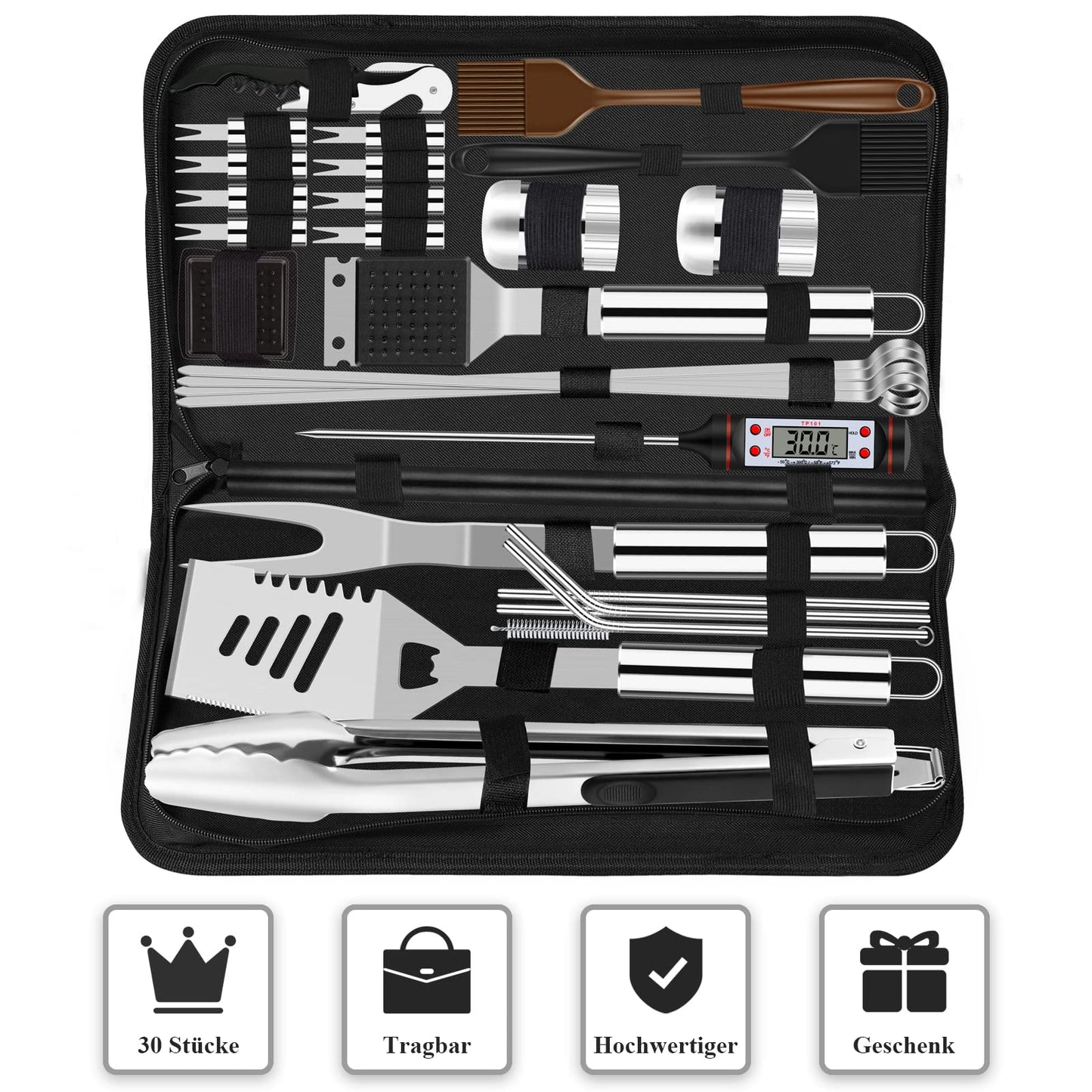 Grilliance 30pcs Stainless Steel Grill Tools Set for Men Gift Birthday, Heavy Duty BBQ Accessories Kit with Bag and Grill Mat, Portable Grilling Utensils for Outdoor Camping Silver