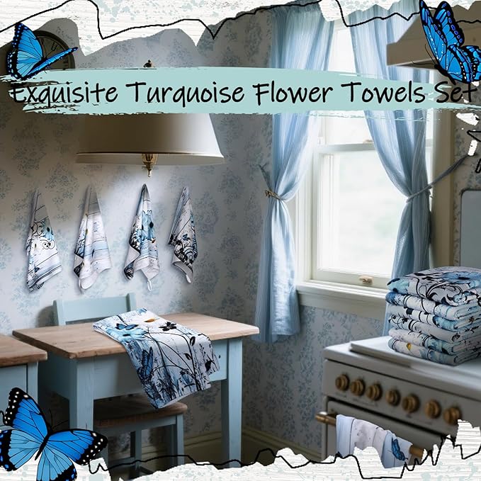 Breling Set of 6 Blue Daisy Kitchen Towel Vintage Themed Dish Towel Bathroom