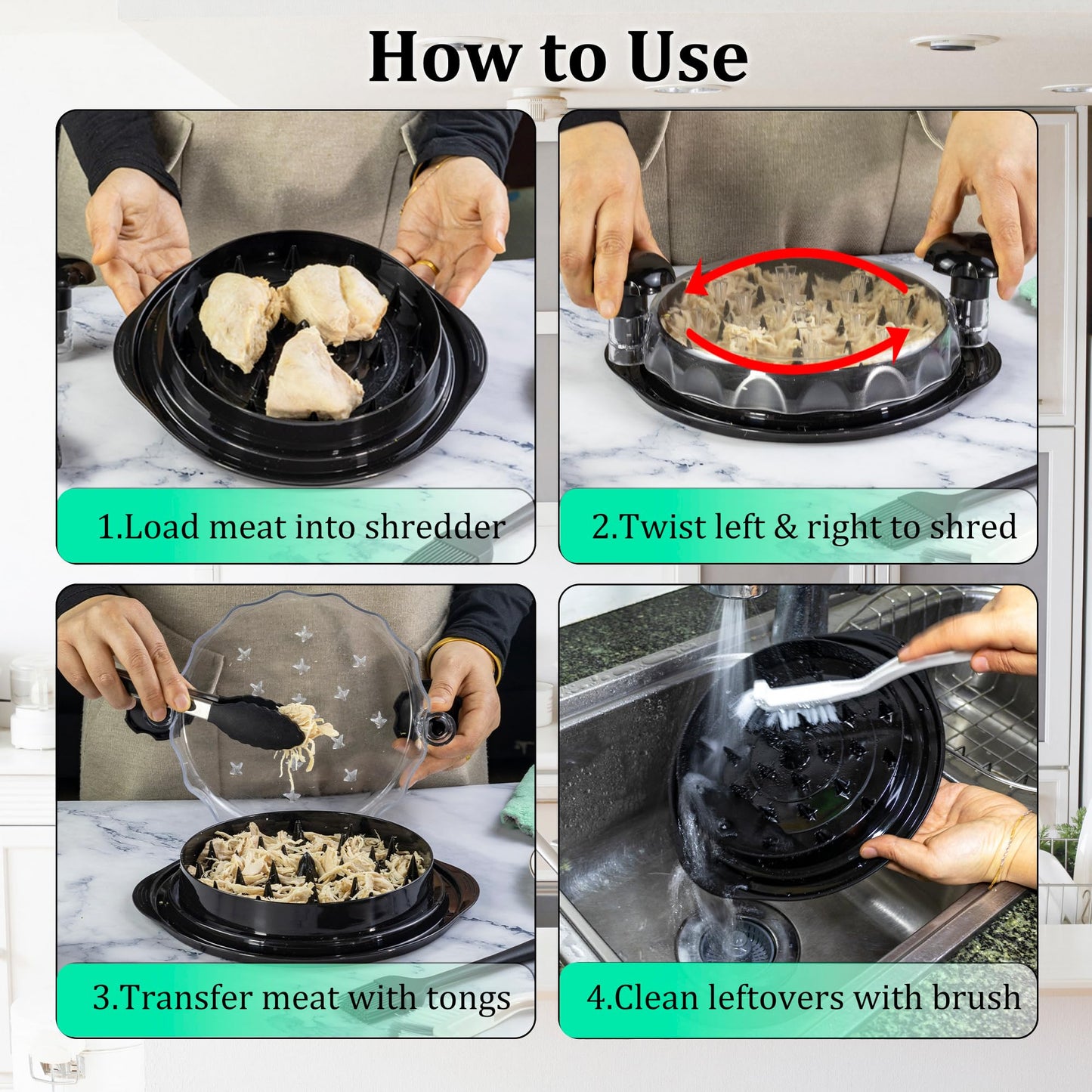 Chicken Shredder Tool Twist Large - 5Pcs Set, 10'' Chicken Meat Breast Shredder with Transparent Lid, BPA Free, Heat Resistant, Anti-Slip Strip, Tongs, Cleaning Brush, Oil Brush, Coral Fleece Cloth