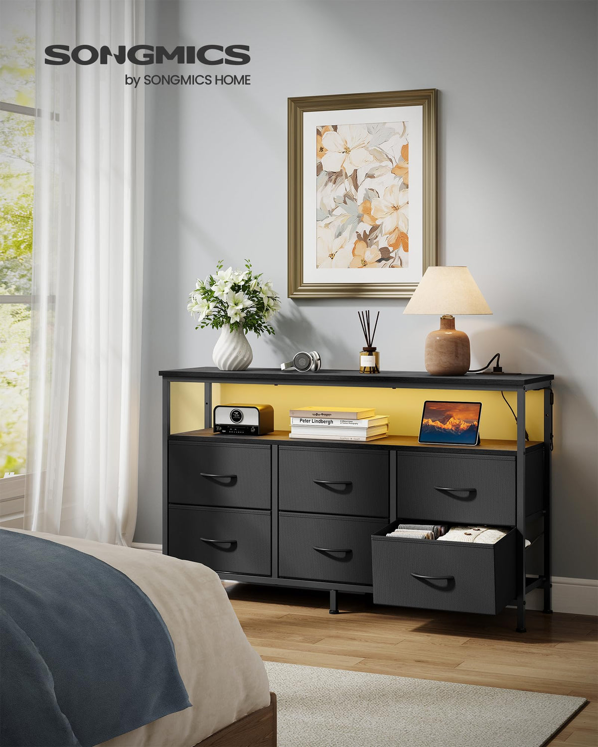 SONGMICS BELLAH Collection - Dresser for Bedroom, Chest of Drawers, TV Stand for TVs Up to 55 Inches, Living Room, Closet, 6 Drawers and 1 Shelf, Modern, Ink Black ULGS833BH02S