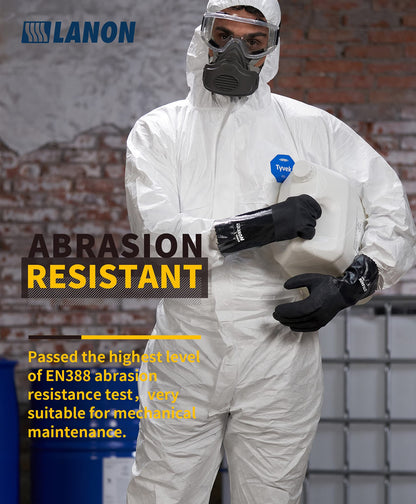 LANON Black Nitrile Chemical Gloves, Reusable Thick Rubber Gloves, Heavy Duty, MicroFoam Textured Palm, Acid and Oil, EN 388/374, L/9