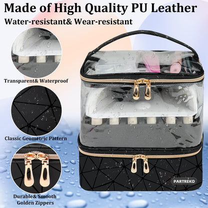 Partreko Clear Nail Polish Organizer Holds 60 Bottles (15ml/0.5fl.oz)& Nail Lamp, Double Layer Nail Supplies Organizer Case Transparent, PU Leather Nail kit Storage Bag for Manicure Tools (Black)