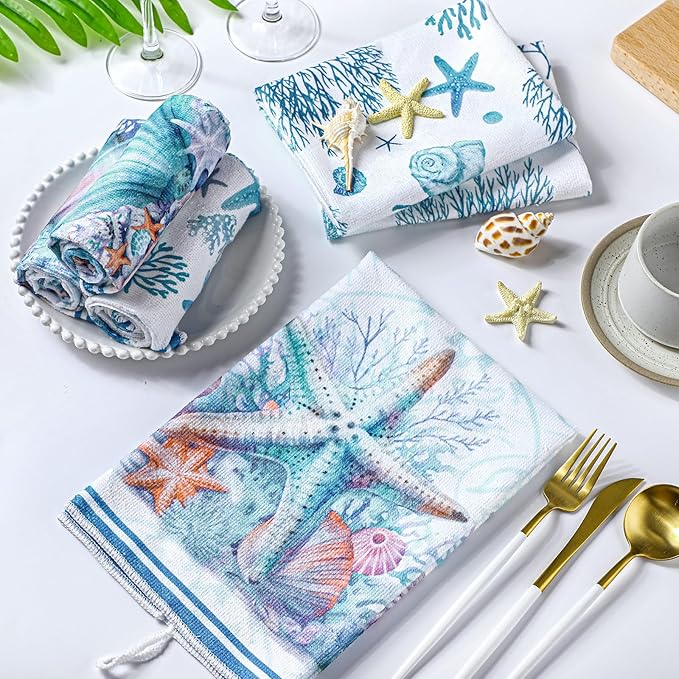 Boyiee Set of 6 Beach Kitchen Towels Coastal Ocean Dish Towels Sea Nautical Tea