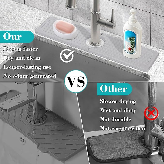 Stone Faucet Mat for Kitchen Sink, 23.6" Diatomite Drying Stone Kitchen Sink