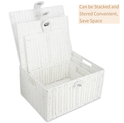 Honygebia White Wicker Storage Baskets - Set of 3 Decorative Nesting Boxes with Lids, Woven Basket with Lock & Handle, Organizer for Beauty Makeup Bathroom Decor