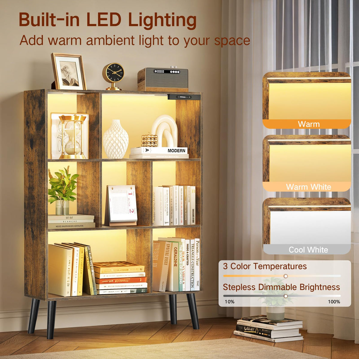 OUTONLIFE 7-Cube Bookshelf with LED Lights, Touch & Remote Control, Freestanding Open Bookcase Storage Shelf, Dimmable Modern Wooden Display Organizer with Legs for Living Room, Bedroom (Rustic Brown)