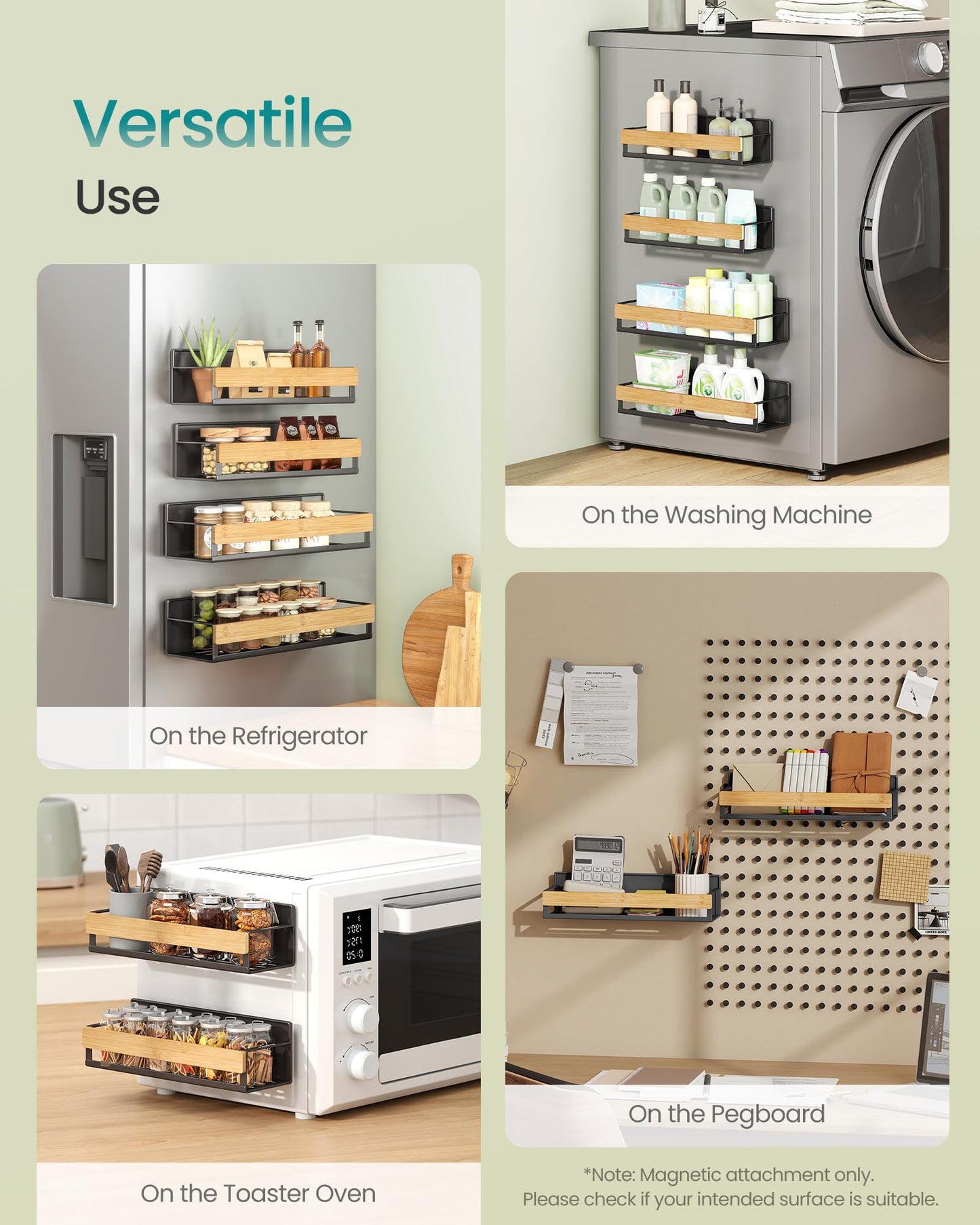 SONGMICS Magnetic Bamboo Spice Rack for Refrigerator, 4 Pack, 2 Large and 2 Small Kitchen Magnetic Shelves for Washing Machine, Spice Organizers, No Drilling Needed, Ink Black UKCS062BH01
