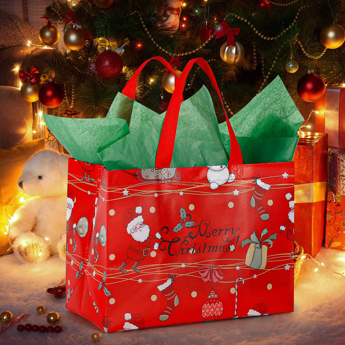 YANGTE 12 Pack 13" Large Christmas Gift Bags with Tissue Paper, Reusable Non-Woven Christmas Bag with Handles for Presents Wrapping, Shopping Xmas Party Supplies