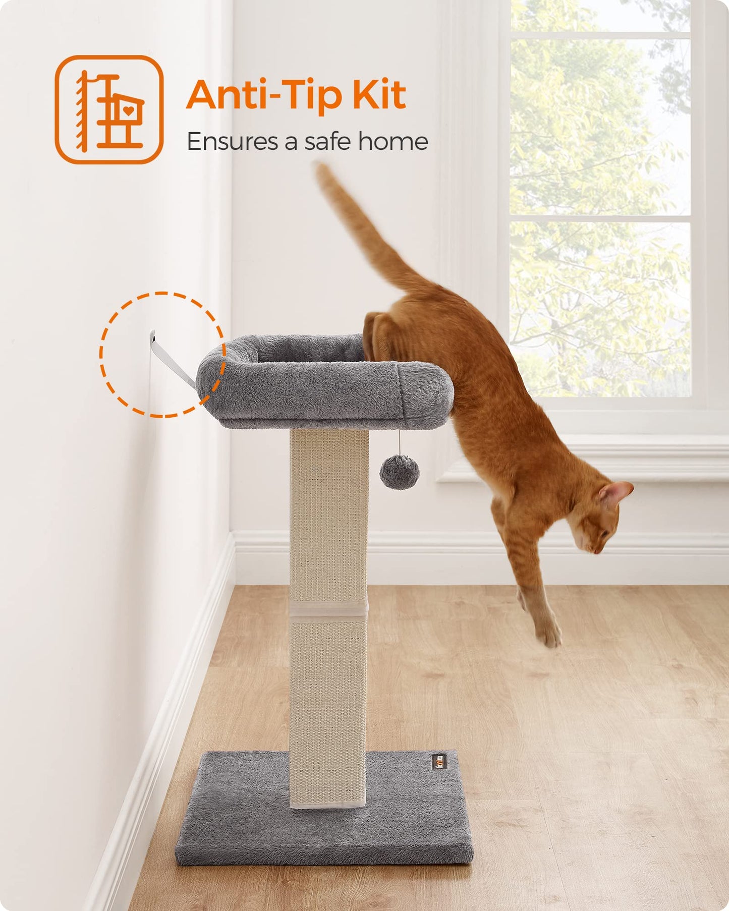 Feandrea Cat Scratching Post, Cat Scratcher with 40 x 30 cm Plush Perch, Cat Tree, 71 cm Tall Scratch Post with Woven Sisal, 45 x 40 cm Base, Pompom, Light Grey