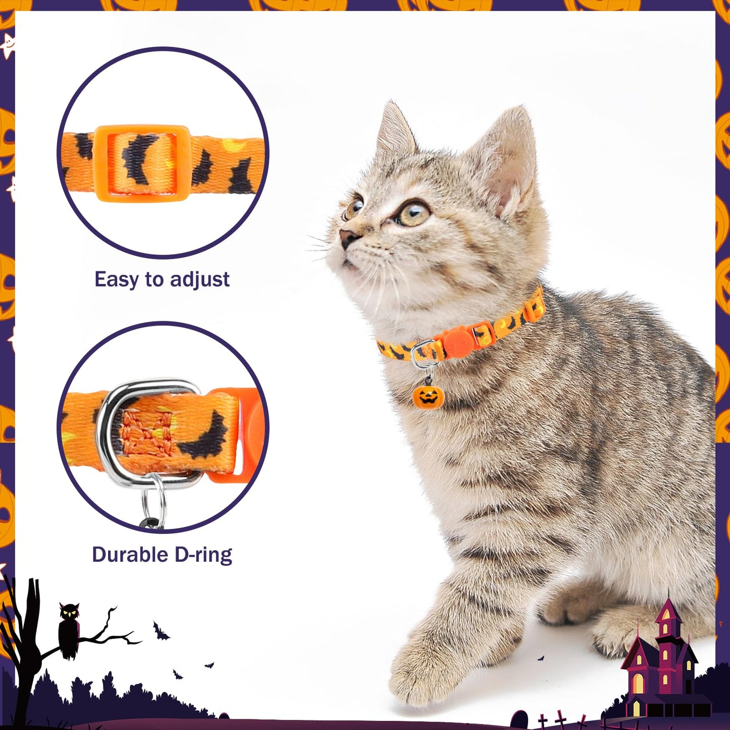 PUPTECK Halloween Bow Tie Cat Collar with Bell - Breakaway Safety 3-Pack, Adjustable Bowtie Kitten Collars for Boy & Girl Cats, Puppies, Bunnies and Small Pets, Cute Costume Accessory