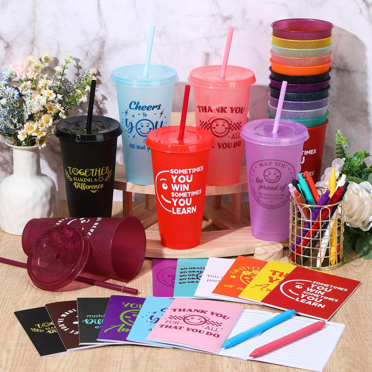 Feifeiya 72 Pcs/ 24 Set Thank You Gift Bulk 24 oz Appreciation Tumbler with Lids and Straws Motivational Pens Inspirational Notepads Set Plastic Cups Gift for Valentines Employee Team Staff Coworker