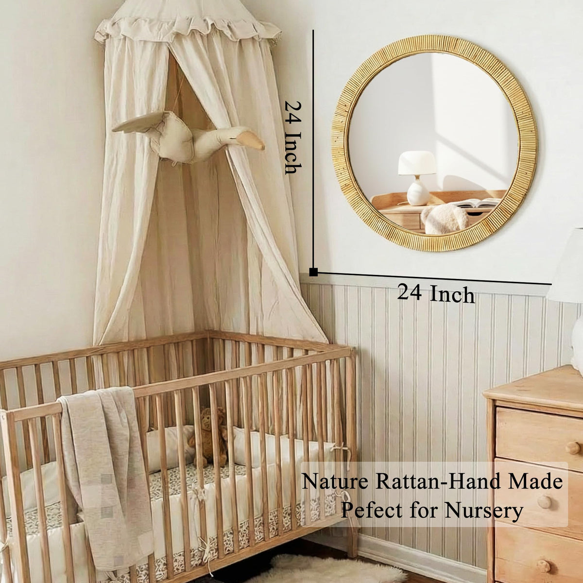 inoseen Decorative Rattan Wall Mirror, Boho Bathroom Modern Makeup Mirror, Rustic Wall Bohemia Mirrors for Bedroom, Living Room, Vanity Versatile Farmhouse, Nursery, Bathroom, 24"x24", Round