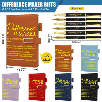 Chuangdi 6 Sets Difference Maker Gifts Employee Appreciation Gifts Bulk A5 Leather Journal Notebook with Metal Buckle Ballpoint Pen Thank You Inspiration set for Women Men Teachers Coworker Manager