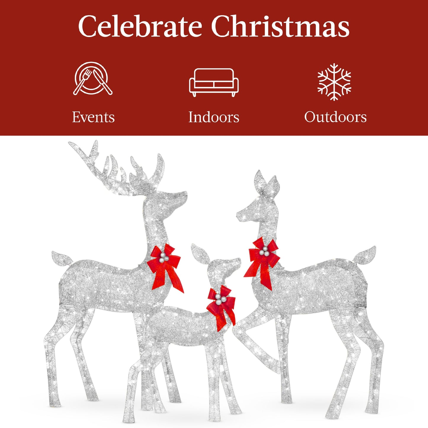 Best Choice Products 3-Piece Large Lighted Christmas Deer Family Set 5Ft Outdoor Yard Decoration with 360 LED Lights, Stakes, Zip Ties - Silver