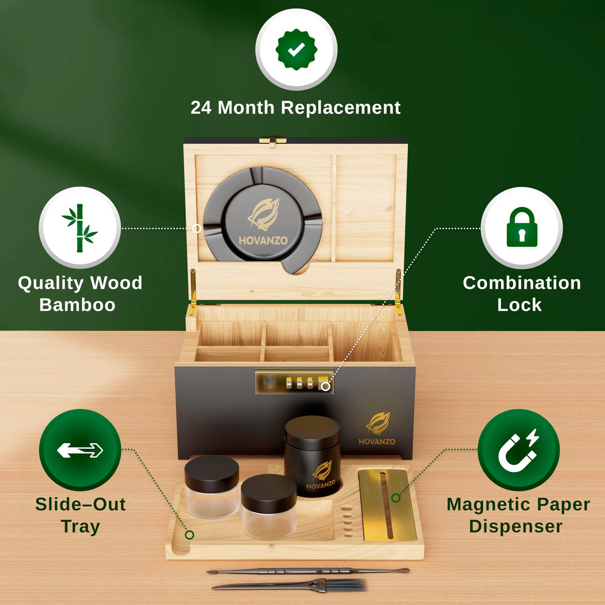 HOVANZO Upgraded Premium Large Bamboo Box - Locking Storage Decorative Box with Combination Lock - Wood Kit with lid - Wooden Locking Storage with Removable Tray and Jars