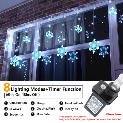 Christmas Snowflake Lights, 10.66ft 168 LED Icicle Lights Outdoor with 14 Drops, 8 Modes Waterproof Connectable Christmas Light for Eaves Wedding Garden Yard Indoor Xmas Decor (White & Icicle Blue)