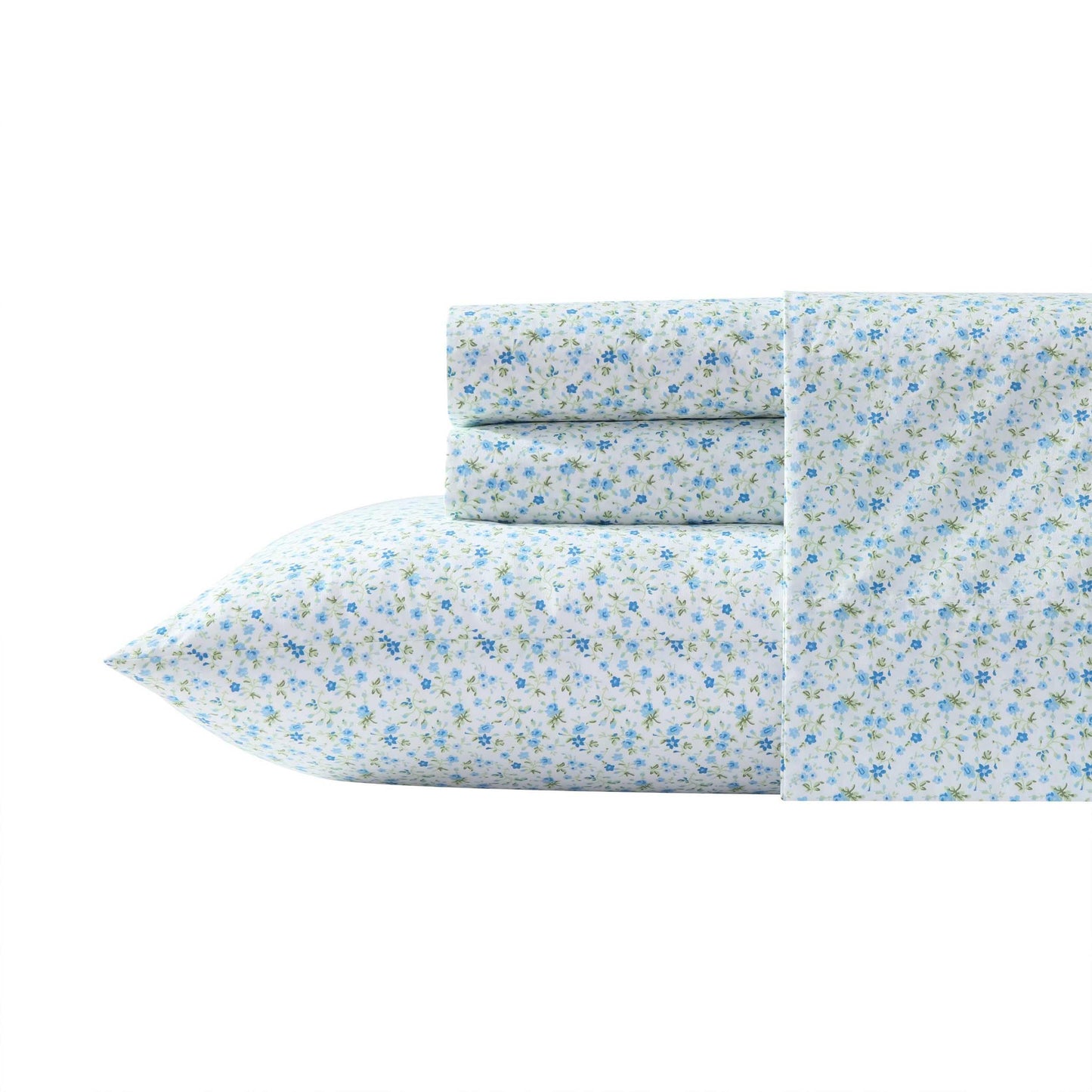 Laura Ashley – Twin Size Sheet Set, Crisp & Lightweight Cotton Percale Bedding with Fitted Sheet and Pillowcase, Floral Room Decor, Deep Pocket, College Dorm Room Essentials (Evie Blue)