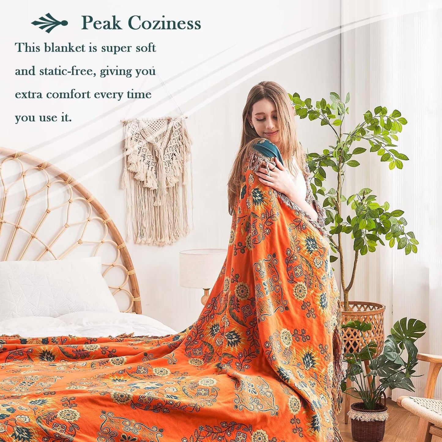 XIBLC Boho Throw Blanket, 100% Cotton Ultra Soft Luxury Throw Rustic Quilt, 60"x80" Floral Printed Farmhouse Decor Bed Summer Blankets, All Season Rustic Reversible Bohemian Throw for Bed - Orange