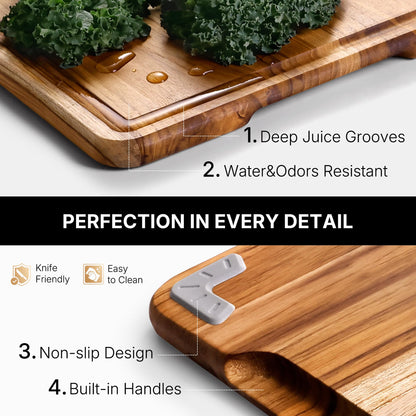 4 Pack Teak Cutting Board Set for Kitchen Heavy Duty Non Toxic Non Slip Solid Thick Wood Haus Chopping Board Extra Large Big Small Meat Best Wooden Charcuterie Board