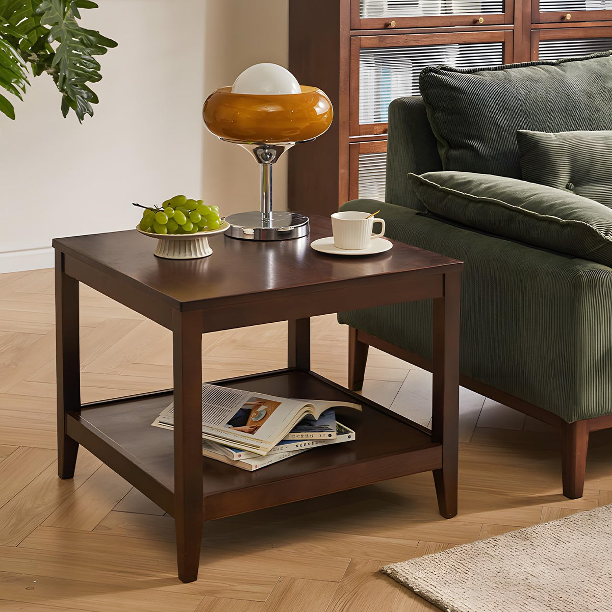 Cttasty Side Table, Solid Wood Square End Table with Storage Shelf, 2-Tier Coffee Table for Living Room, Rubber Wood Small Sofa Table, Nightstand 23.62 H x 23.62 W x 23.62 D Inches (Walnut)