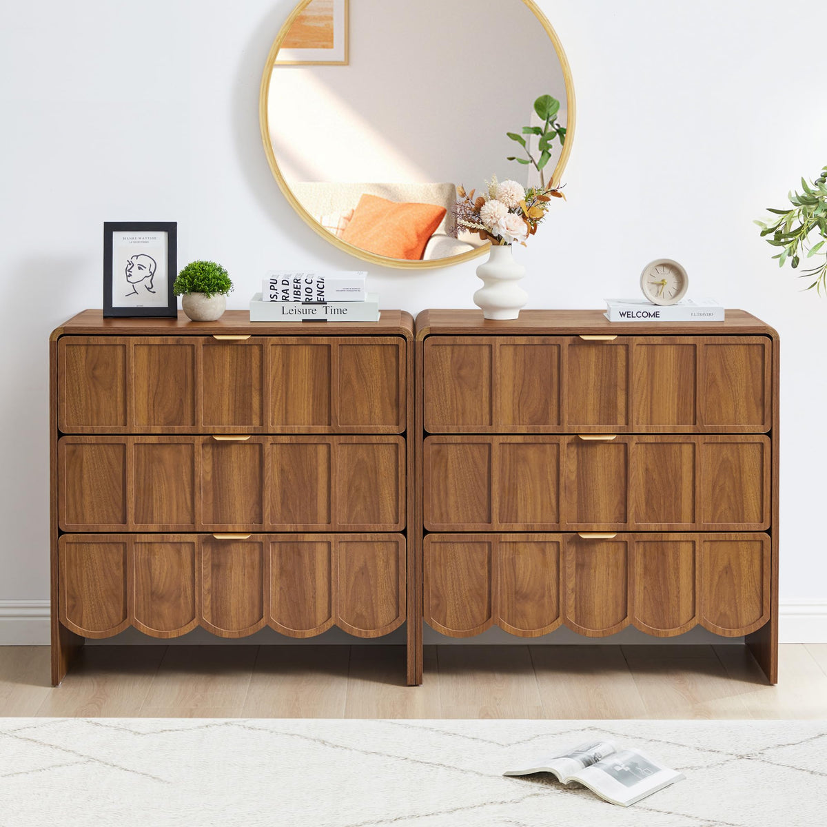 ORRD 3 Drawer Dresser for Bedroom, Modern Closet Chest of Drawers with Wave Fluted Drawer, Wood Storage Small Dresser Organizer for Nursery Bedroom Living Room Hallway Closet (Walnut)