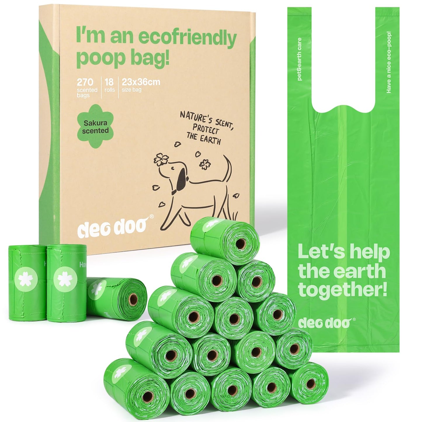 Poo Bags Dogs with Tie Handles Biodegradable Sakura Scented Poop Bags 270 Counts 18 Rolls Leak Proof and Extra Thick Waste Bags Refill Rolls for Cat Litters