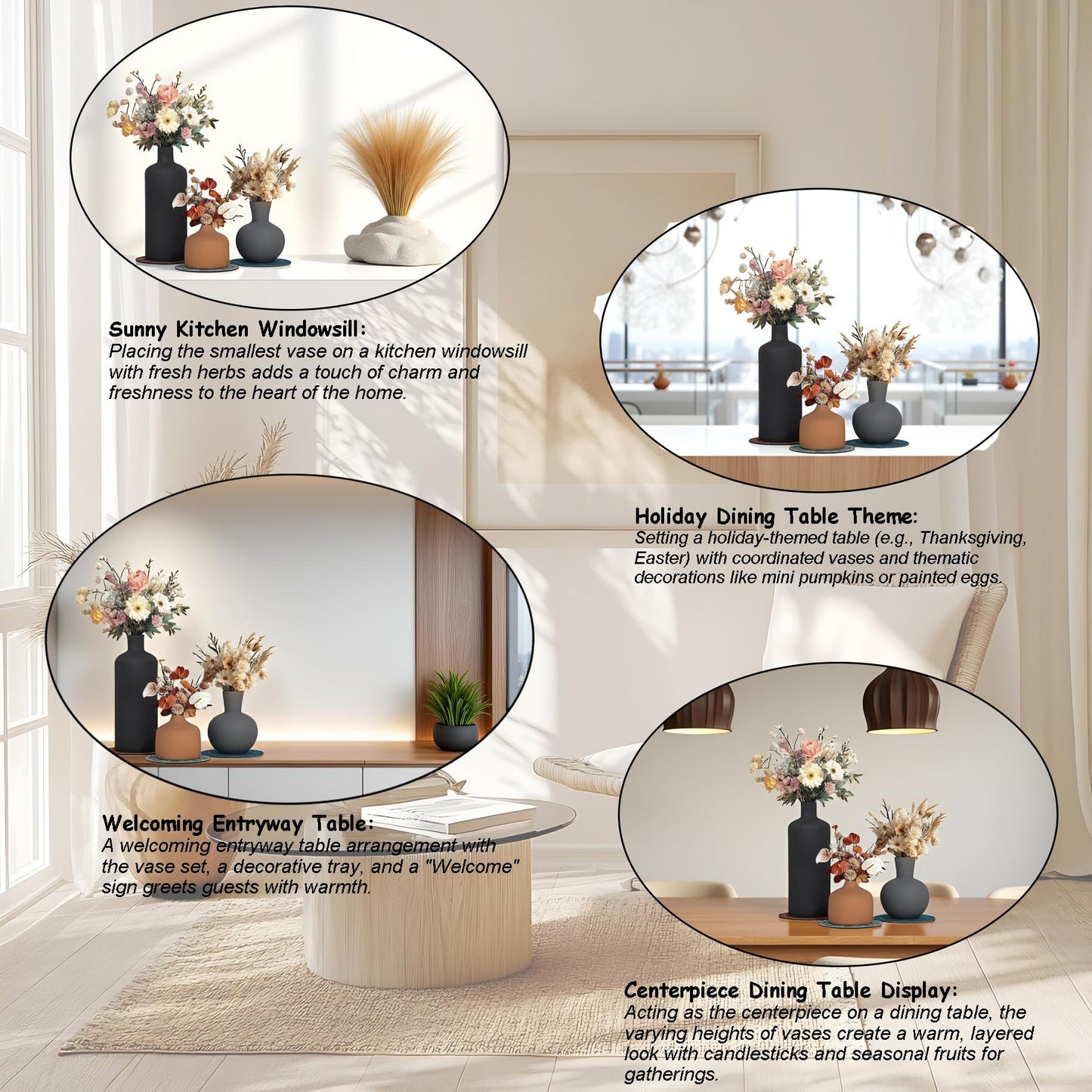 Ceramic Vase Set of 3 - Matte Textured Rustic Farmhouse Vases Home Decor, Modern Neutral Flowers Vases for Shelves Decor, Kitchen Shelf, Living Room, Mantel and Entryway with Non-Slip Pads